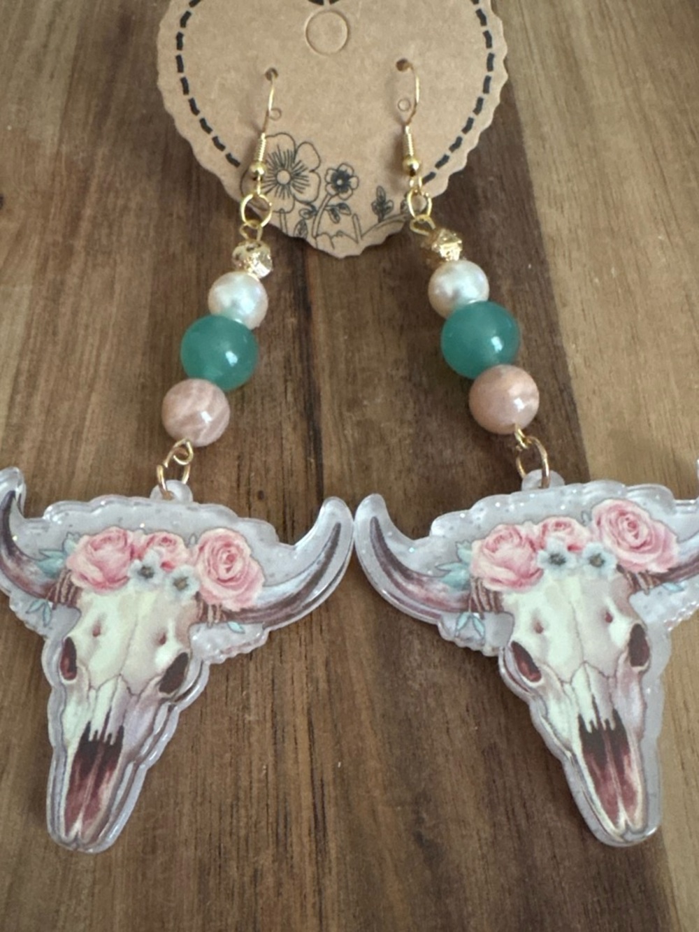 Handmade Floral Bull Skull Dangle Earrings w/ Sunstone, Green Aventurine, Lavast
